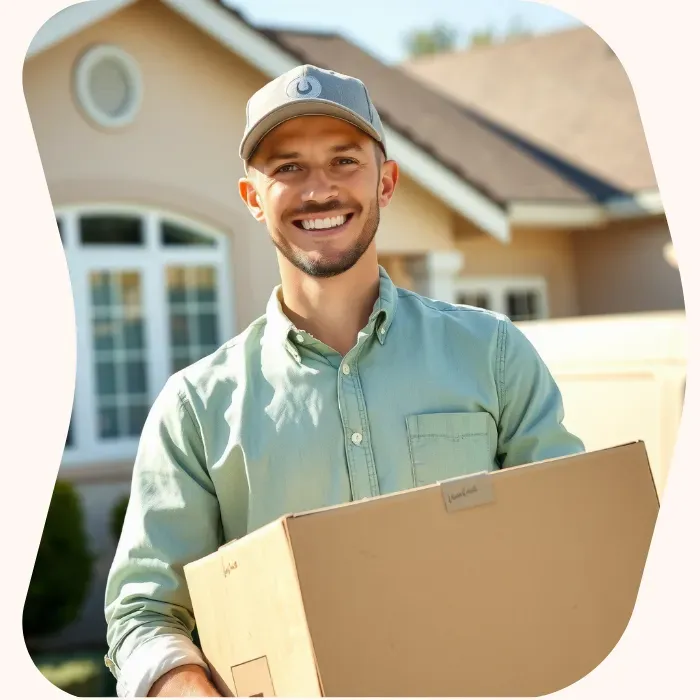 Two removalists moving boxes up stairs