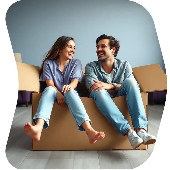 Two guys sitting on the floor of their apartment with Muval moving boxes